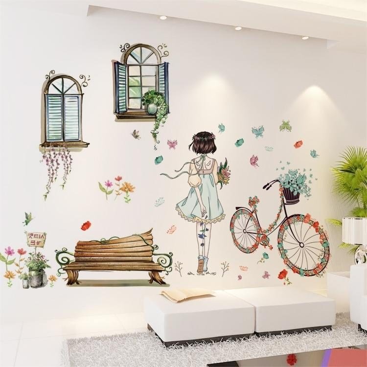 Decal dán tường cô gái thơ mộng bên khung cửa sổ