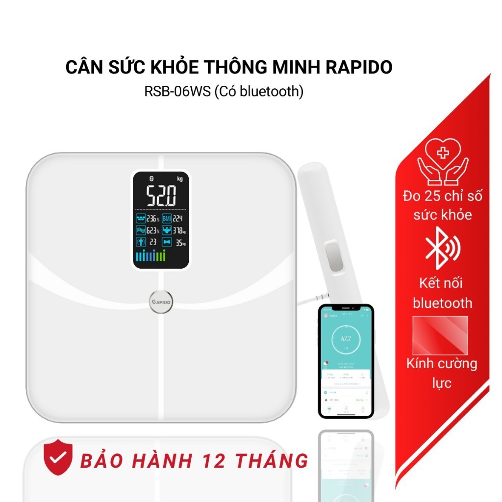 Cân sức khỏe thông minh Rapido RSB-06WS - Hàng chính hãng - Bảo Hành 12 Tháng