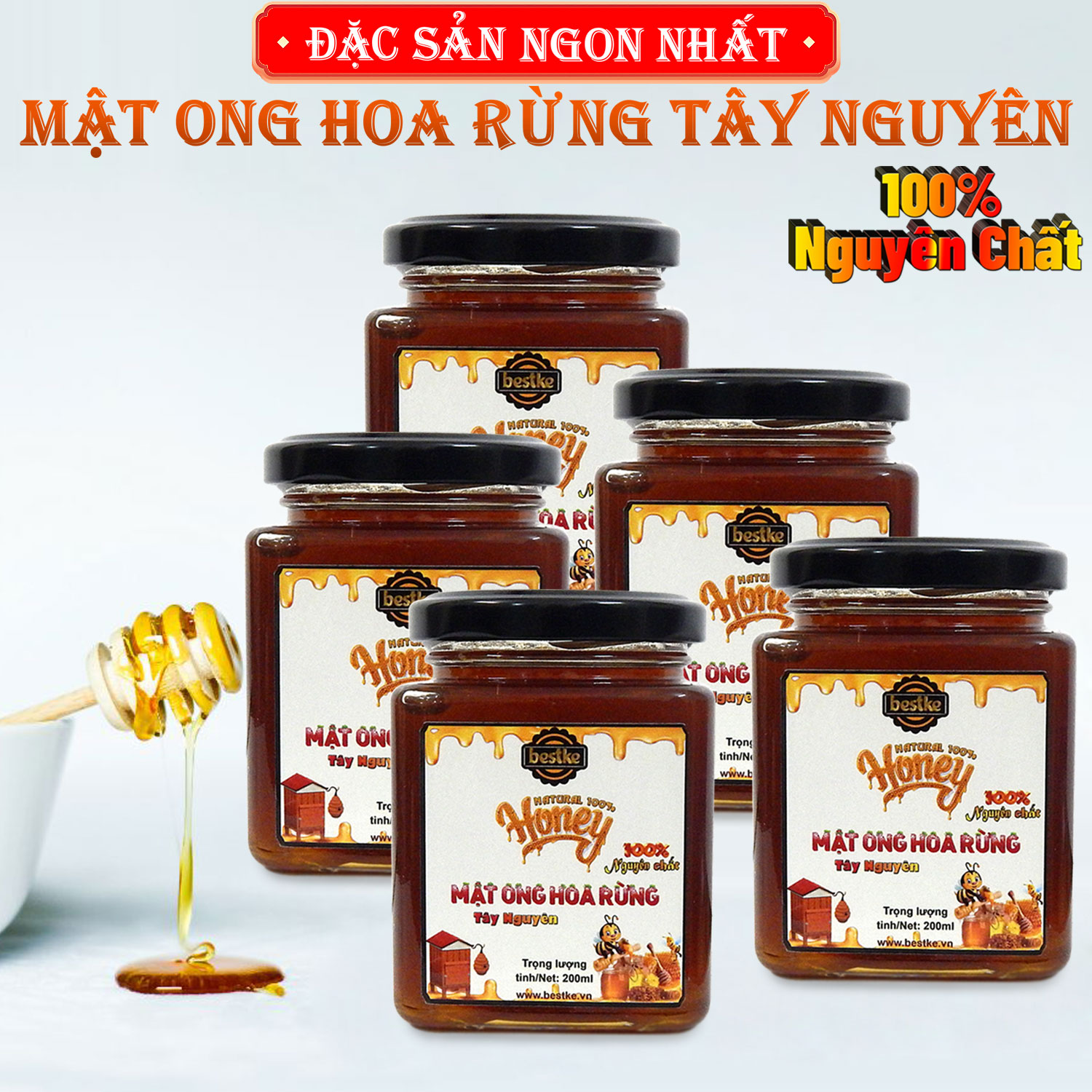 Bestke mật ong hoa rừng nguyên chất 100%, combo 5 hũ, mỗi hũ 200ml, honey natural bestke