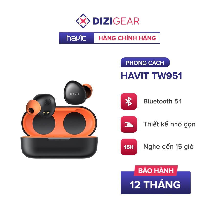 Tai Nghe True Wireless HAVIT TW951, Bluetooth 5.1, Điều Khiển Cảm Ứng, Nghe Đến 15H - Hàng Chính Hãng