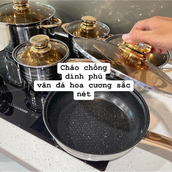 Bộ nồi Đức dododios 6 món 12 chi tiết dùng cho mọi loại bếp, bộ nồi inox dày dặn tráng men vàng kèm nắp kính