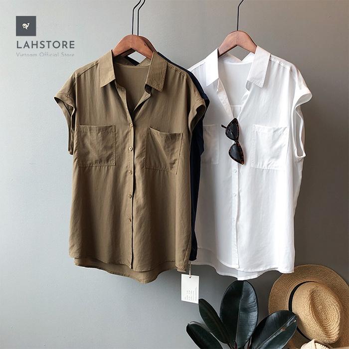 Áo sơ mi thô Linen nữ form rộng cổ bẻ 2 túi ngực trẻ trung LAHSTORE, phong cách Hàn Quốc