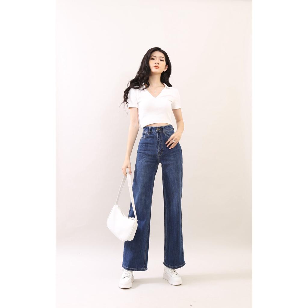 Quần Jean Nữ Ống Rộng Dáng Dài Cotton Chicpel Sau Trơn Gấu Thường CT Jeans