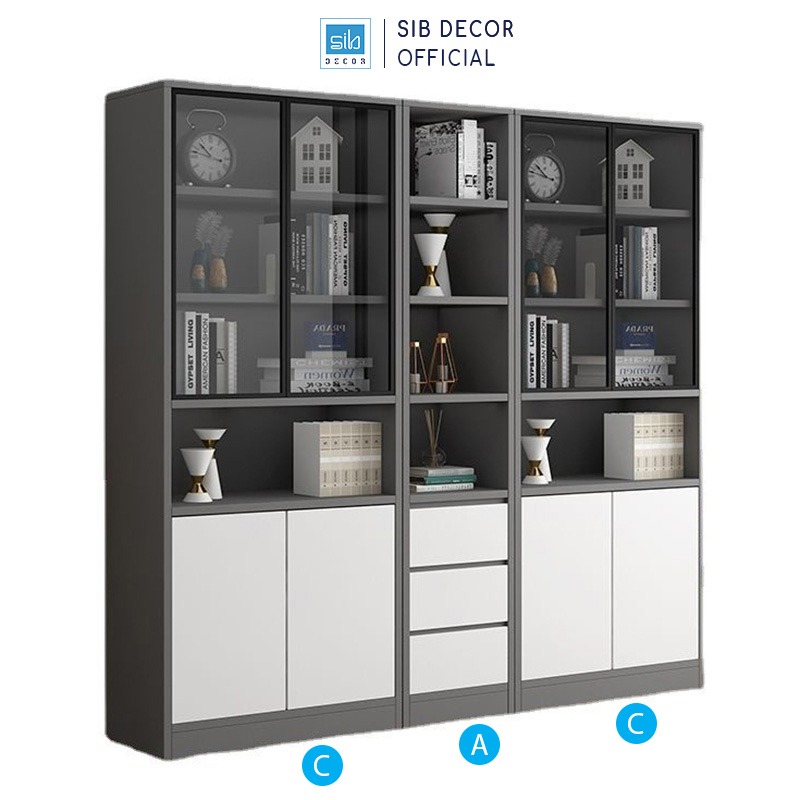 Set Tủ Sách Gỗ Nhiều Ngăn Tiện Lợi Phối Cửa Kính Trung Bày Hiện Đại Thương Hiệu SIB Decor KS603