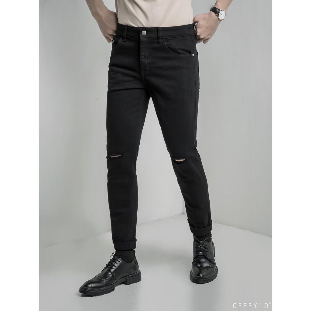 Quần Jeans rách gối Đen nam form slimfit CEFFYLO , chất Jean thun co giãn nhẹ