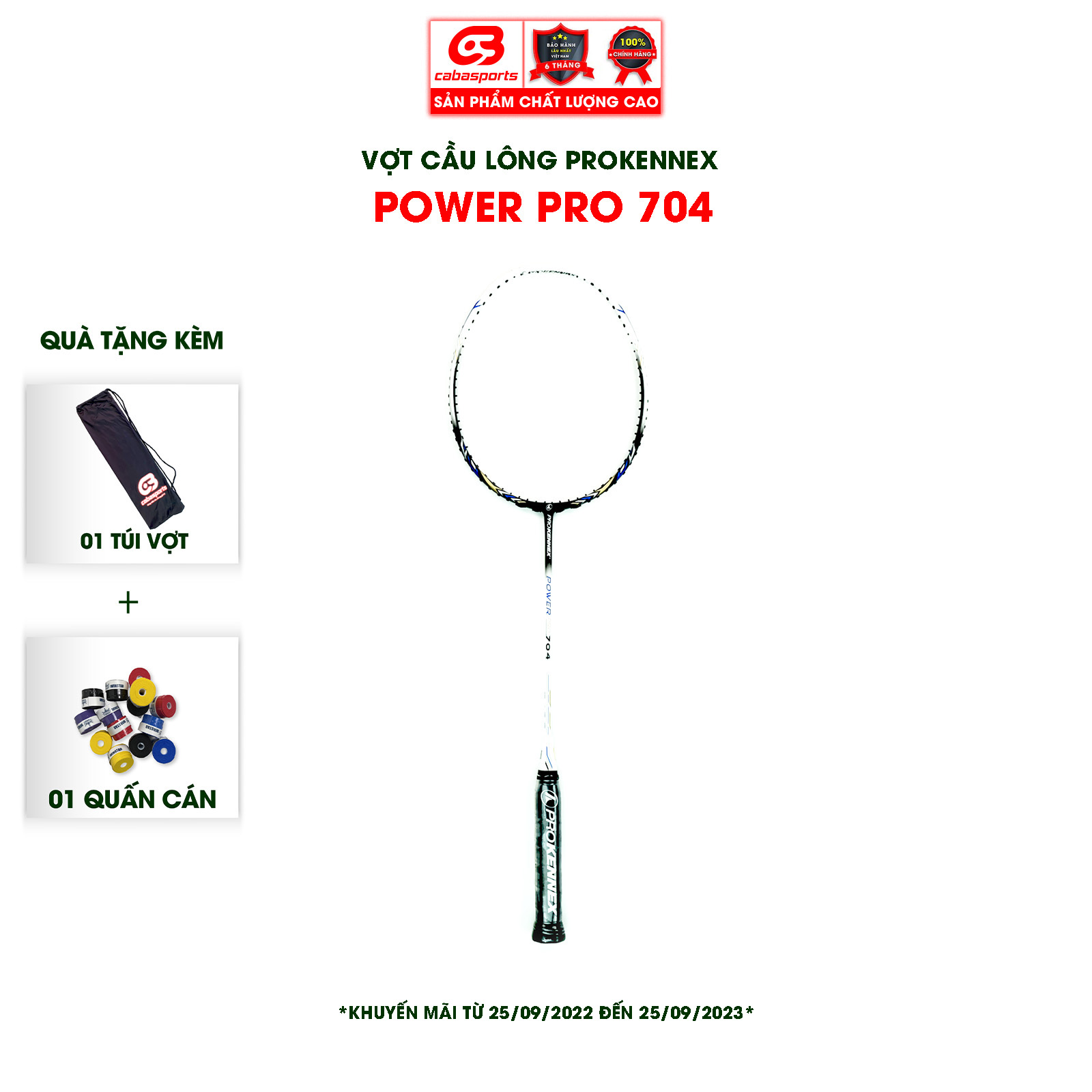 Vợt cầu lông Prokennex POWER PRO 704 chính hãng giá rẻ công thủ toàn diện - Đan 10kg Trắng Đen (1 cây)