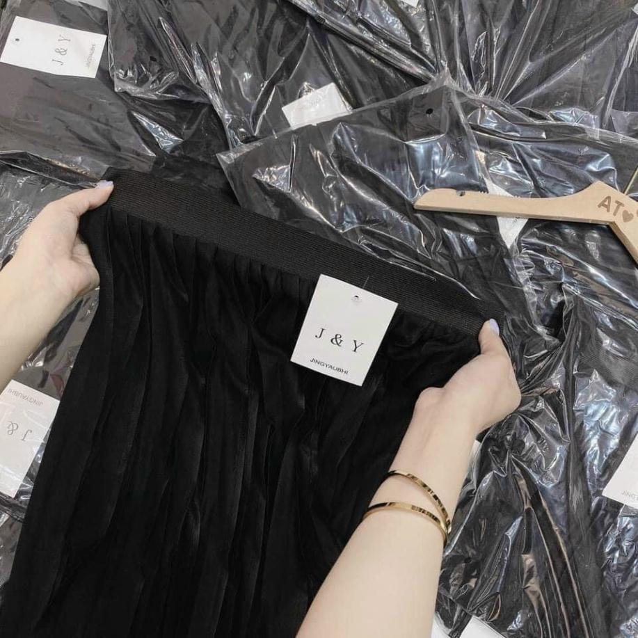 Chân váy dập ly cạp chun dáng dài thướt tha màu đen