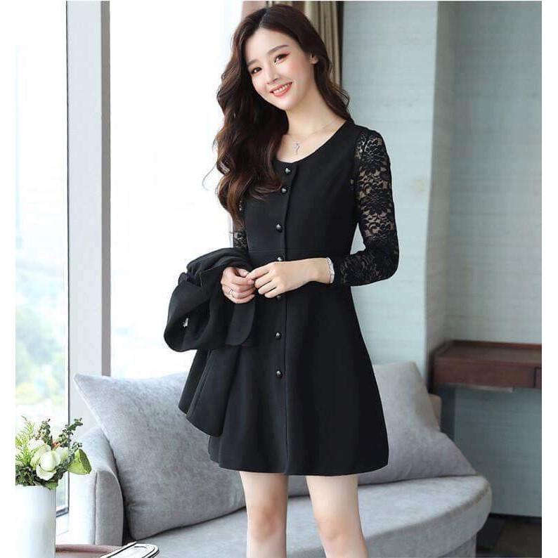 HOT Set áo vest đầm liền đính cúc tay phối ren DVNL21