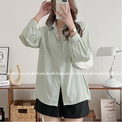 ￼Áo sơ mi nữ vải lụa hàn trơn basic nhiều màu , Áo sơ mi nữ dài tay thời trang Chuu Clothing