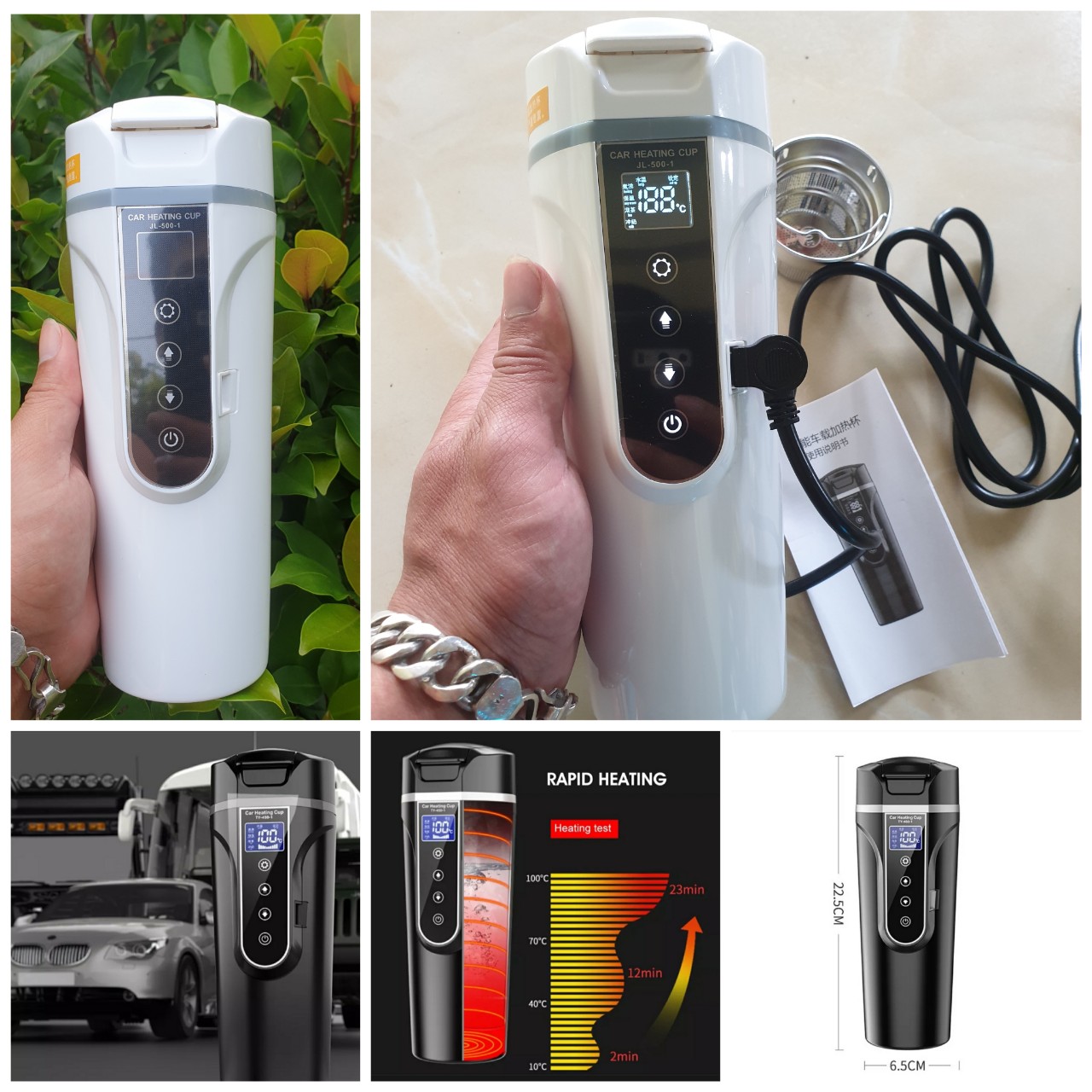 Bình nấu nước nóng ô tô xe hơi 500ml 12v-24v cảm ứng có chỉnh nhiệt độ đa năng thông minh mẫu mới