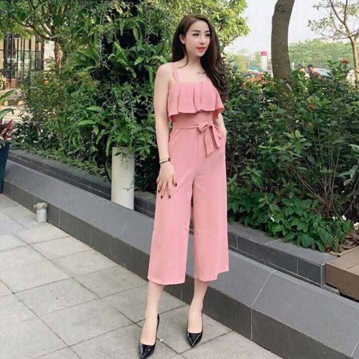 Jumpsuit dài ống suông sẻ thắt nơ eo xinh xắn