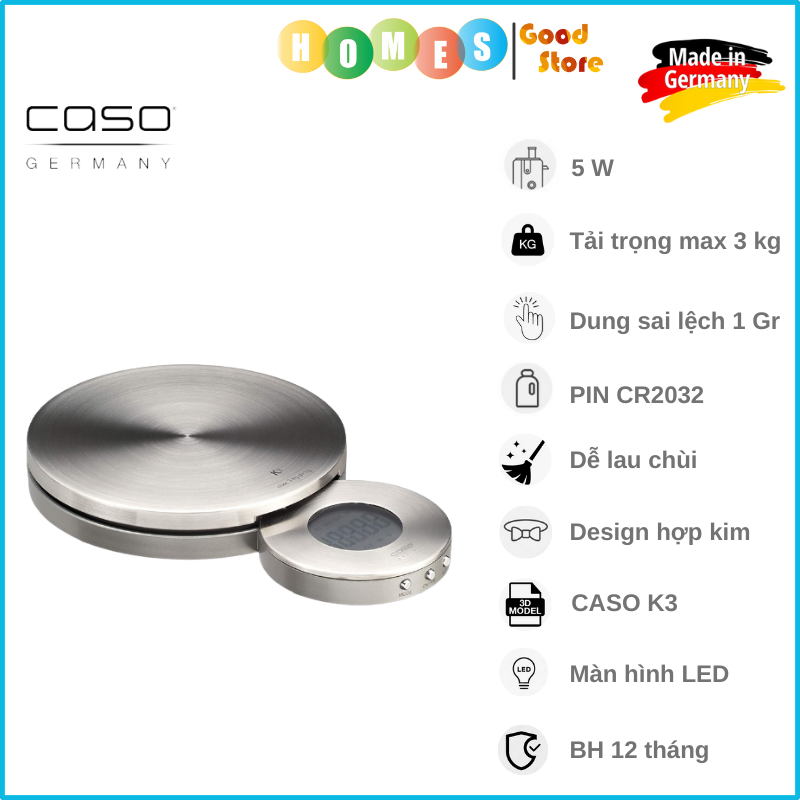 Cân Điện Tử Mini Nhà Bếp CASO Kitchen EcoMaster 3267 - Nhập Khẩu Đức Tối Đa 5 Kg Chính Xác 100% Bằng Thép Chống Gỉ Bền Bỉ Nhỏ Gọn- Hàng Nhập Khẩu