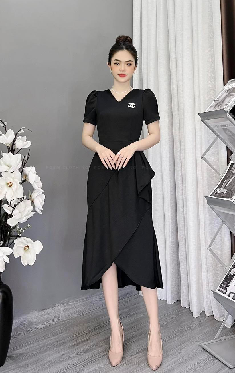 Đầm phối bèo gắn phụ kiện xinh - D068- Khánh Linh style - Lady Fashion