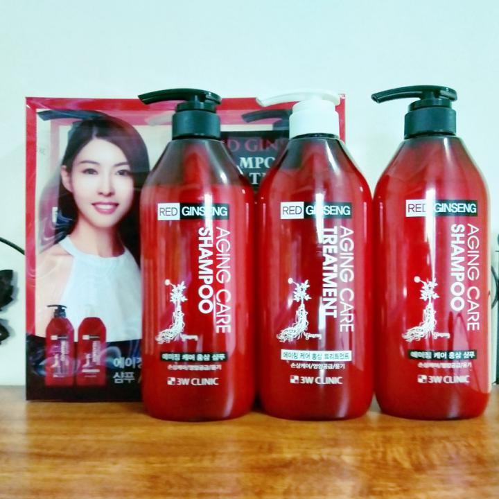 Bộ 2 dầu gội 1 dầu xả tinh chất nhân sâm đỏ 3W CLINIC AGING CARE RED GINSENG SHAMPOO &amp; TREATMENT