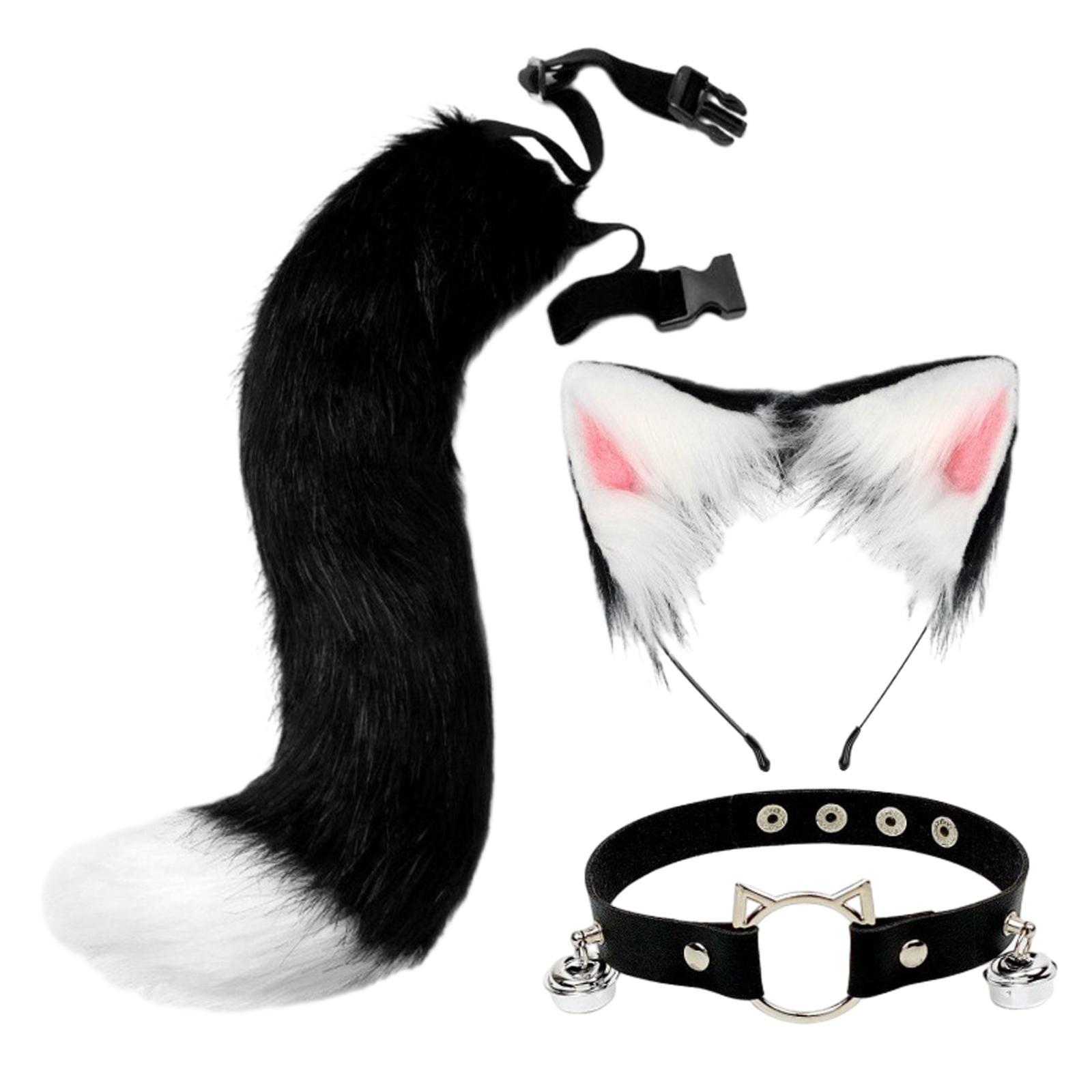 Ears and Long Tail Set Faux Plush Hair Hoop for Halloween Christmas Carnival