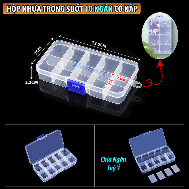 Hộp Đựng Linh Phụ Kiện Chia Ngăn Nhựa Trong Suốt Để Trang Sức Đá Charm Nail Móng Nắp Khoá Treo Tường