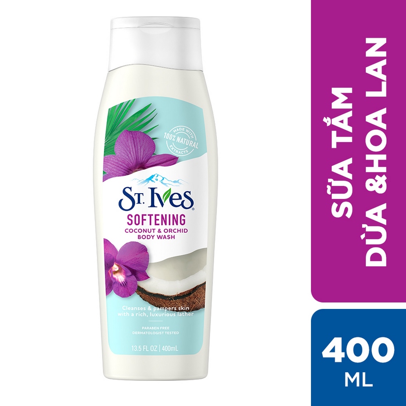 Bộ 2 sữa tắm St.Ives Dừa và Hoa Lan (400ml x 2) + Sữa rửa mặt tẩy tế bào da chết ngừa mụn St.Ives Trà Xanh 170g