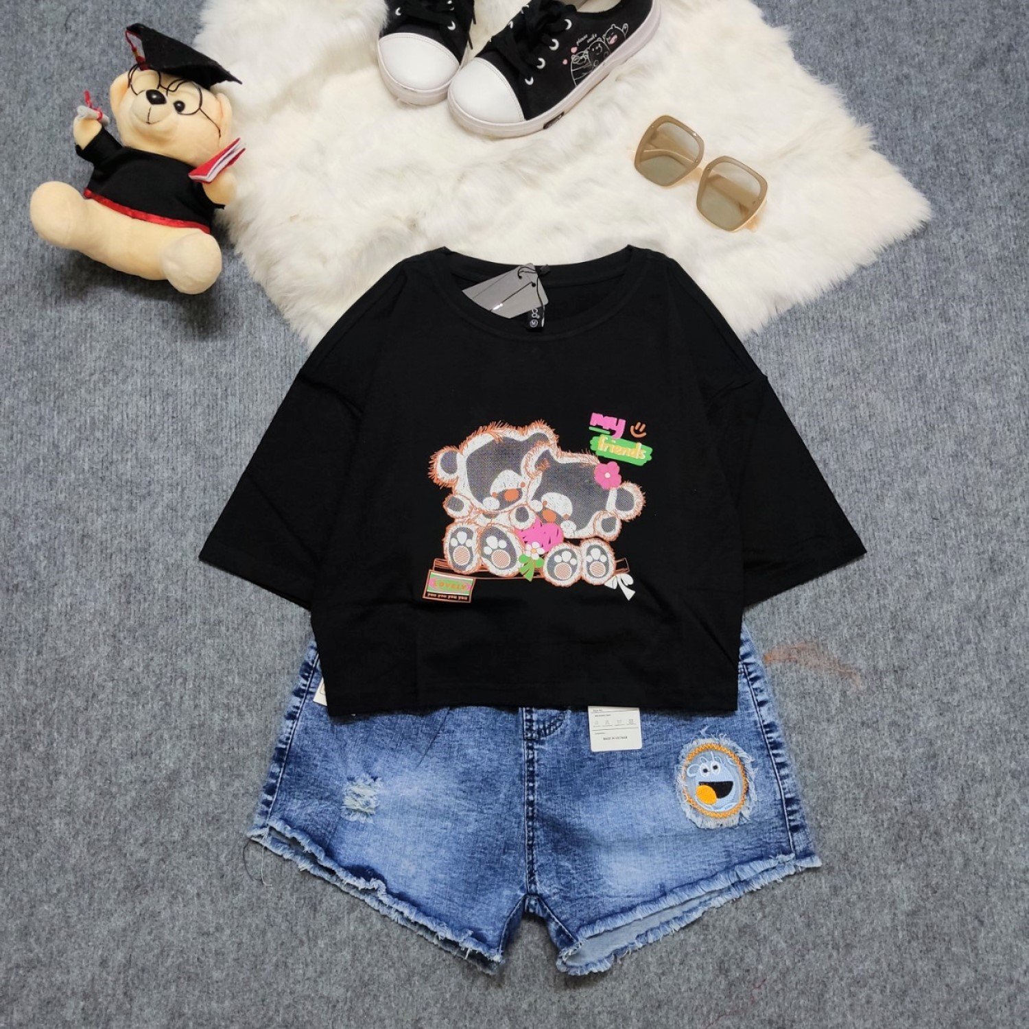 G01XXL Áo Thun Đen Croptop Tay Ngắn Size Siêu Đại Cho Bé Gái Tuổi Teen , Thun cotton mịn mát