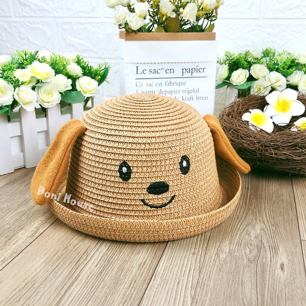 Nón Mũ Cói Có Quai Cho Bé Trai Bé Gái Từ 2 3 4 Tuổi Vòng Đầu 51cm Hình Chú Chó Dễ Thương - Doni House