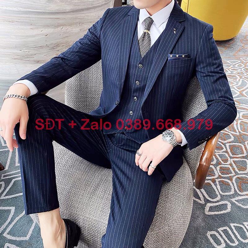 Vest Nam Hàn Quốc Kẻ Sọc, Bộ Vest Nam Kẻ Sọc Xanh Than, Suit Nam, Bộ Suit Nam Chất vải sịn