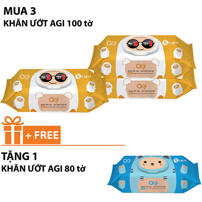 Combo Siêu Rẻ 3 Gói Khăn Ướt Agi 100 Tờ Không Hương + Tặng 1 Gói Khăn Ướt Agi 80 Tờ Không Hương ( Giao mẫu ngẫu nhiên )