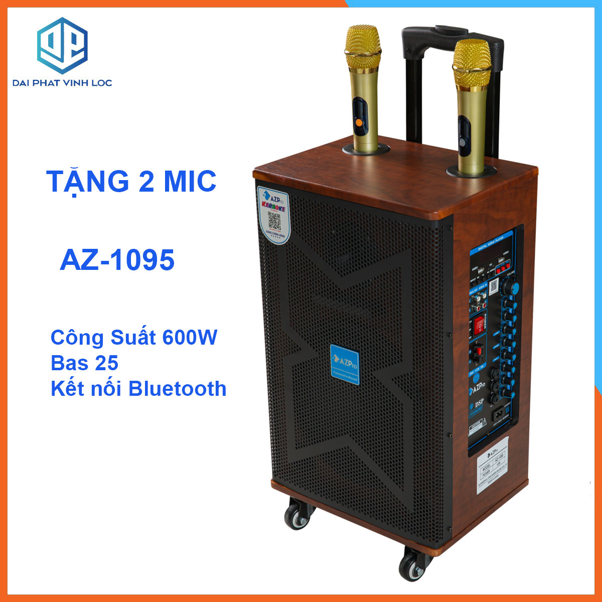 Loa Kéo Karaoke Công Suất Lớn 600W| Loa Kéo Giá Rẻ Azpro AZ-1095 Bas25| Loa Kéo Bluetooth Tặng 2 Mic Không Dây Trọng lượng loa chỉ 10.5kg, Kich Thước: 380x330x625mm