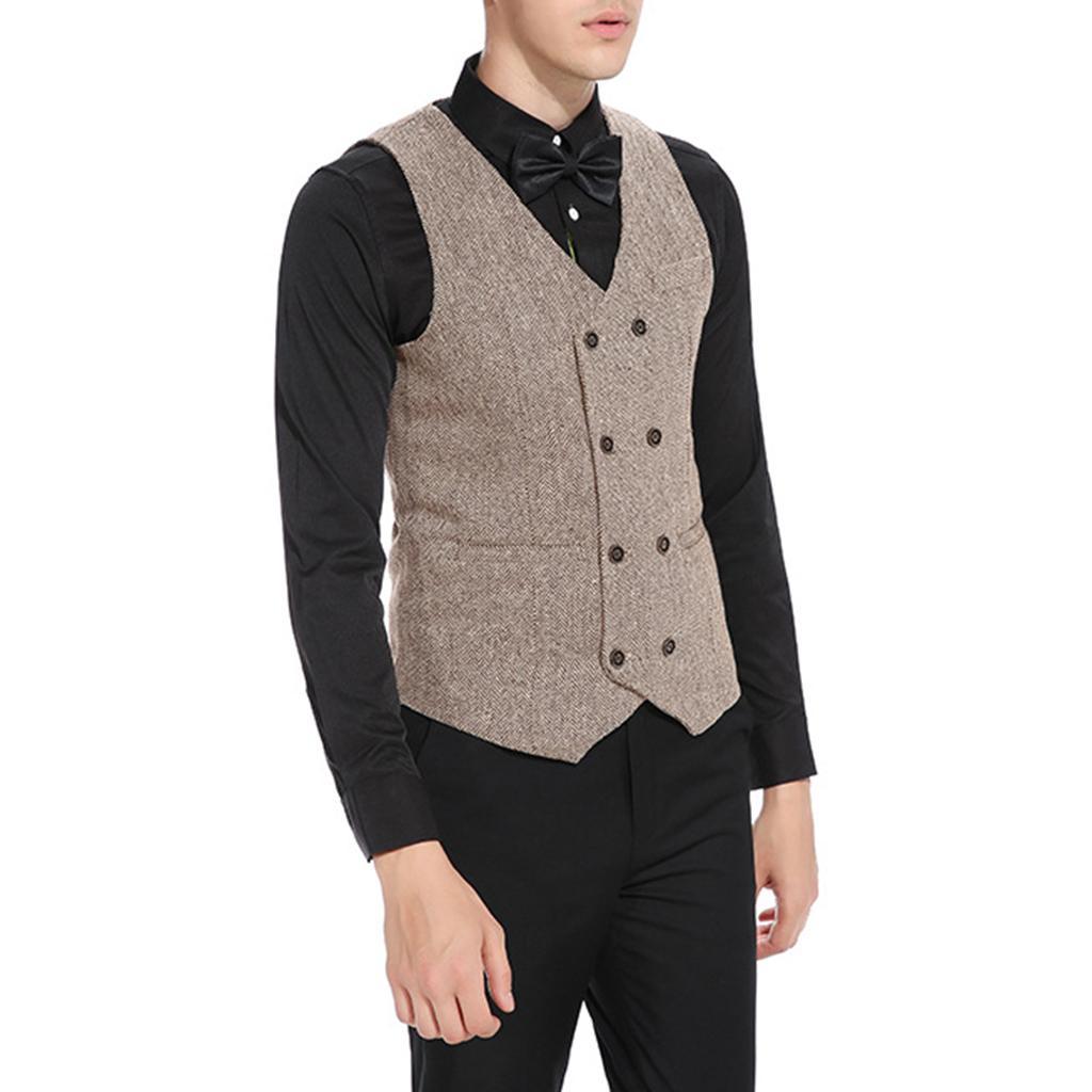Men's Herringbone Tweed Suit Vest Slim Fit Waistcoat Groom Formal Vest