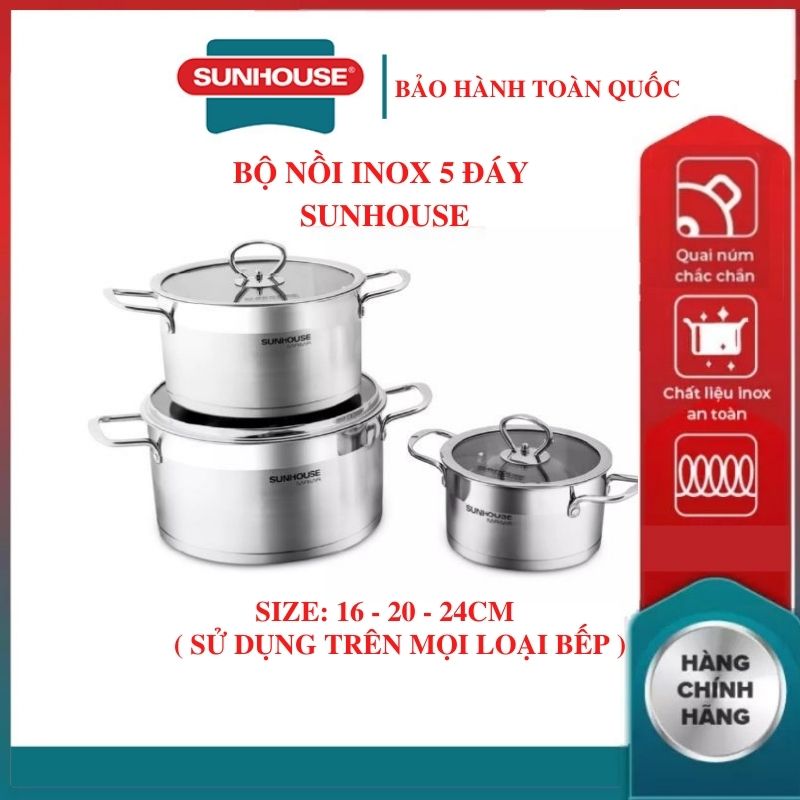 Bộ 3 nồi inox 5 đáy cao cấp bếp từ SUNHOUSE MAMA SH784 kích thước 16 - 20 - 24 CM