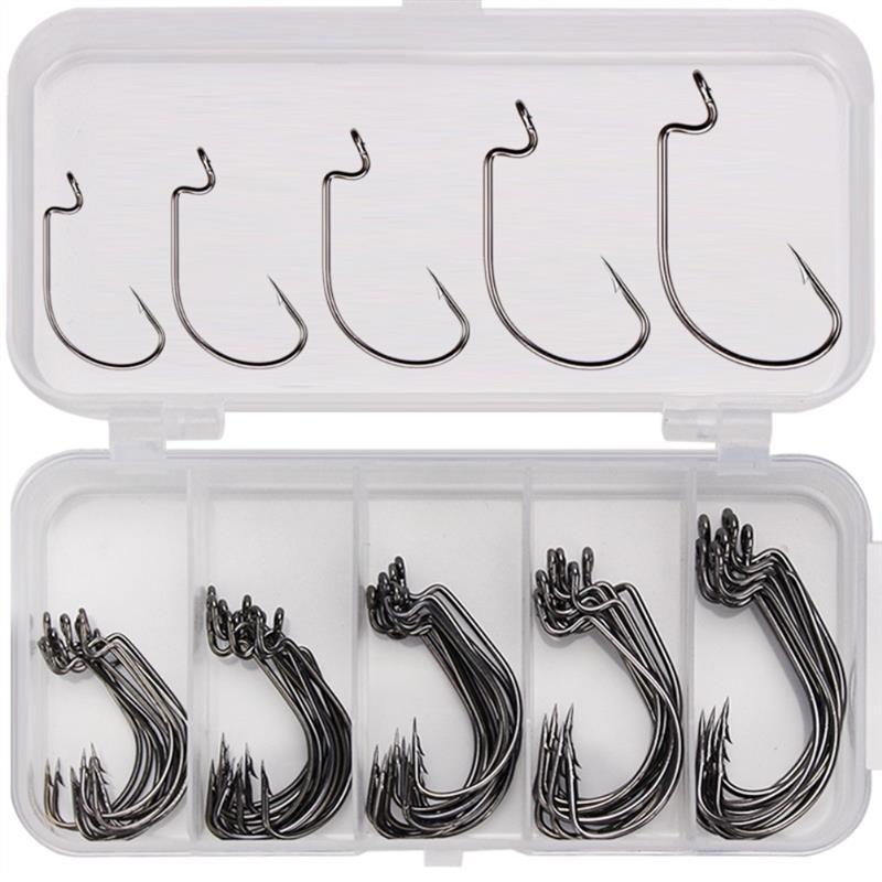 50pcs/lot Fishing Hook Carbon Steel Wide Gap Crank Offset Fishhook For Soft Lure Bass Barbed Carp Fishing Tackle Worm Hook