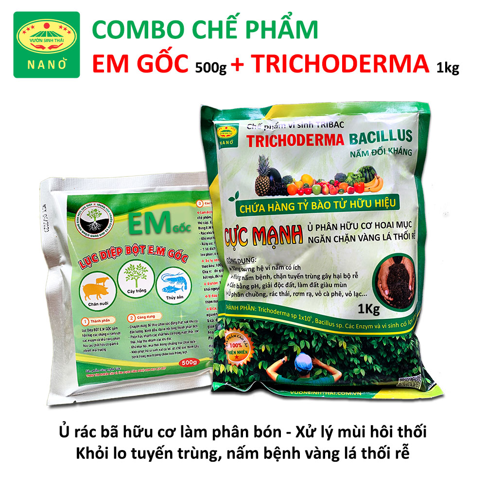 Combo 1 gói Chế phẩm EM gốc và 1kg Nấm đối kháng Trichoderma TRIBAC. Ủ phân cá, rác bã hữu cơ hoai mục nhanh không mùi hôi. Ngăn chặn nấm bệnh gây thối rễ vàng lá