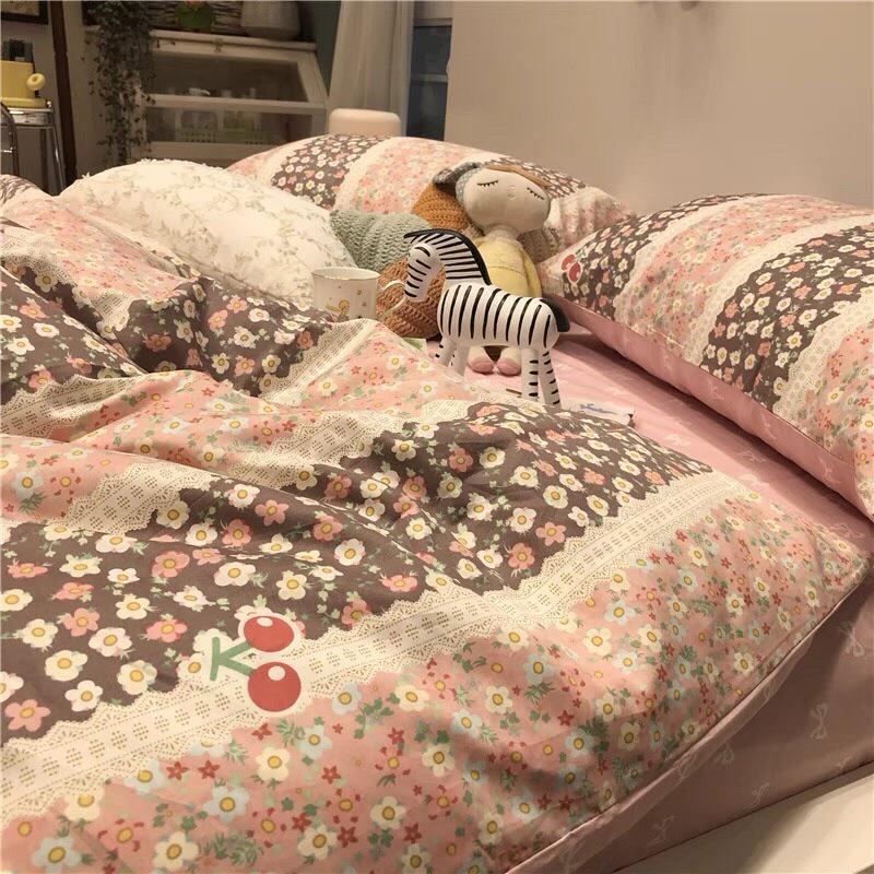 Bộ Chăn Ga Gối Cotton 100% Hàng Nhập Khẩu 4 Món Hoa Dây Ngang Siêu Xinh Với 4 Tông Màu