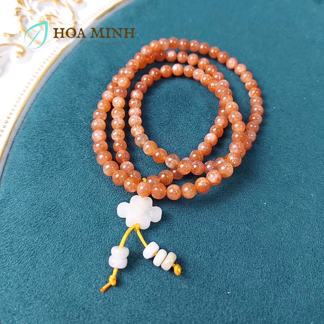 Vòng tay phong thủy đá Mặt Trời Sunstone chuỗi 108 hạt 6 li mix charm Cát Tường Bạch Ngọc, đá Cẩm Thạch bánh xe