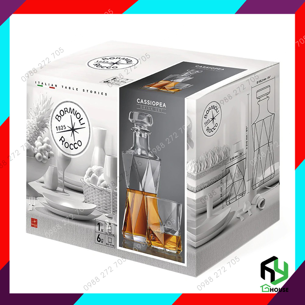 Bộ bình thủy tinh đựng rư ợu và 6 ly rock CASSIOPEA cao cấp - Bormioli Rocco - Made in Italy