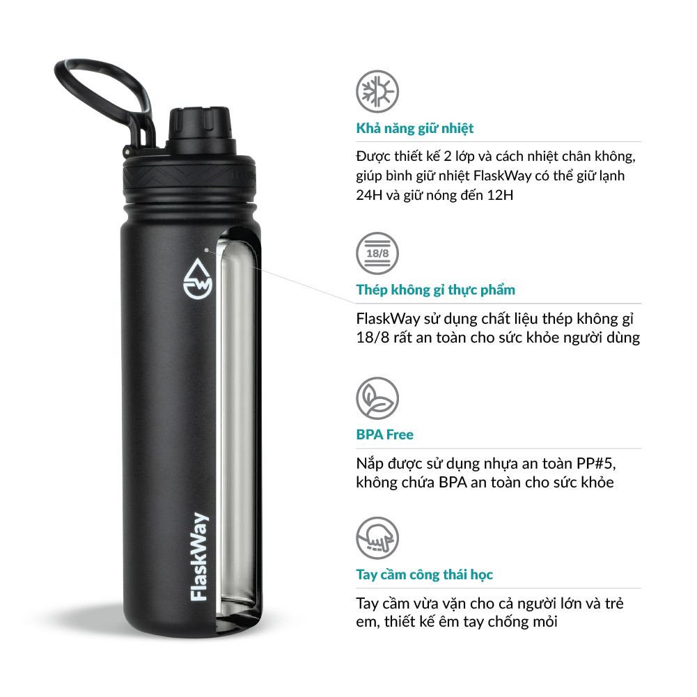 Bình giữ nhiệt FlaskWay màu đen Night Black 22oz (650ml)
