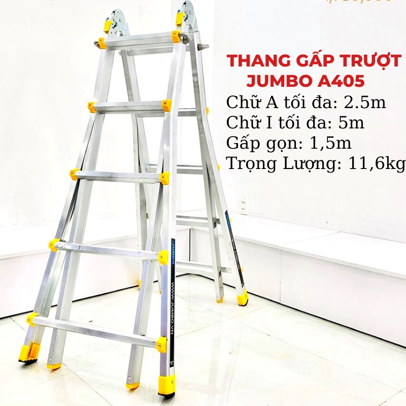 Thang Trượt Chữ A, Thang Nhôm Trượt Đa Năng JUMBO A405 - Chữ A Cao Nhất 2.5m, Chữ I Cao Nhất 5.0m, Tải Trọng 300kg Chắc Chắn Và Bền Bỉ - Luôn Có Phụ Kiện Thay Thế