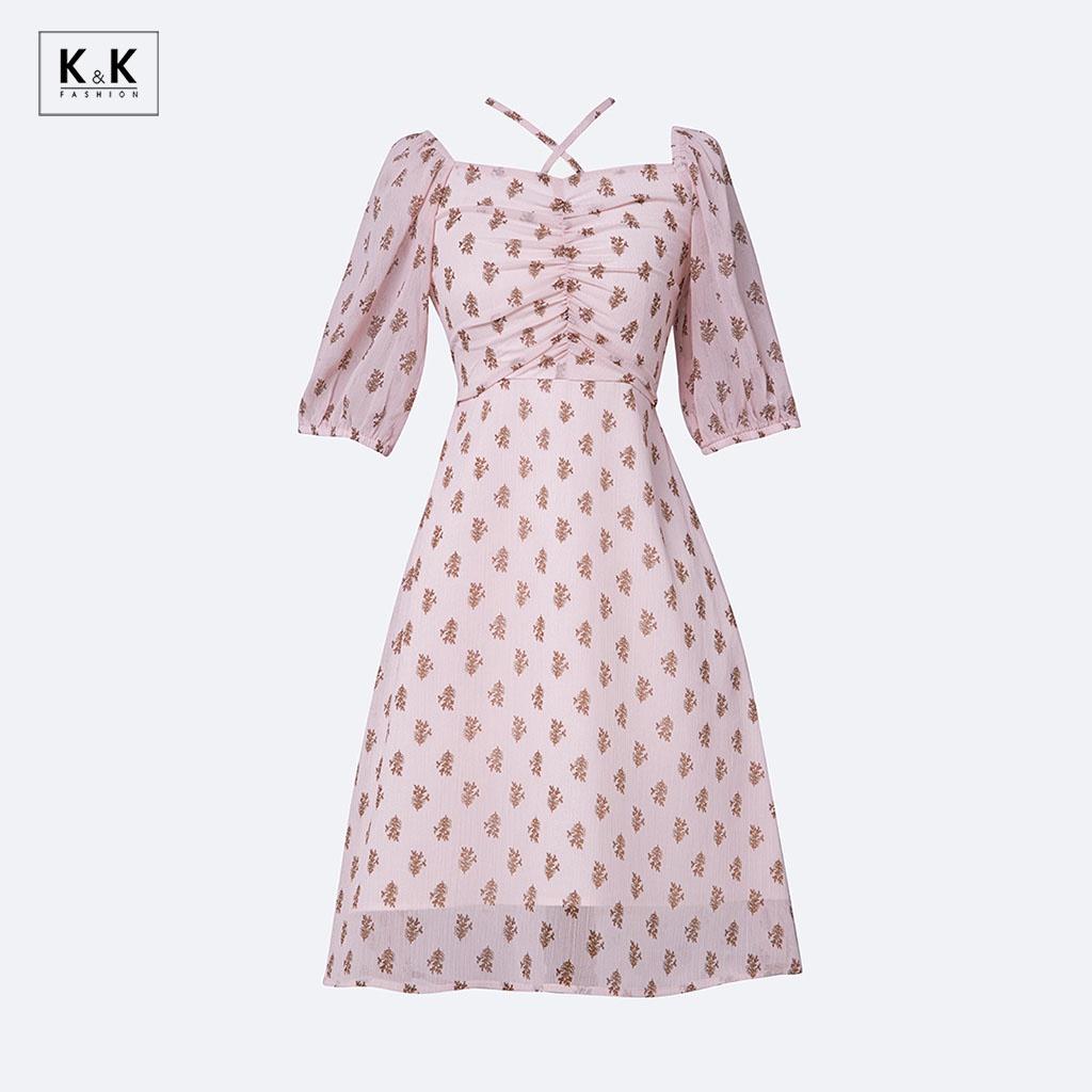 Đầm Chữ A Họa Tiết Nhấn Ngực Phối Nơ K&K Fashion KK114-34 Chất Liệu Voan Gân