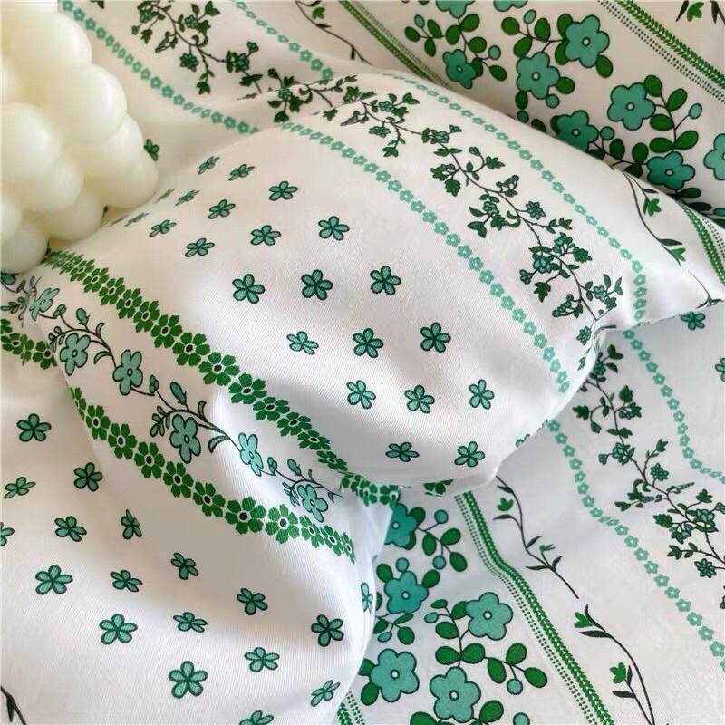 Bộ Chăn Ga Gối Cotton Living 100%Cotton Hàng Nhập Khẩu Cao Cấp 4 Món Hoa Dây Trắng Vintage