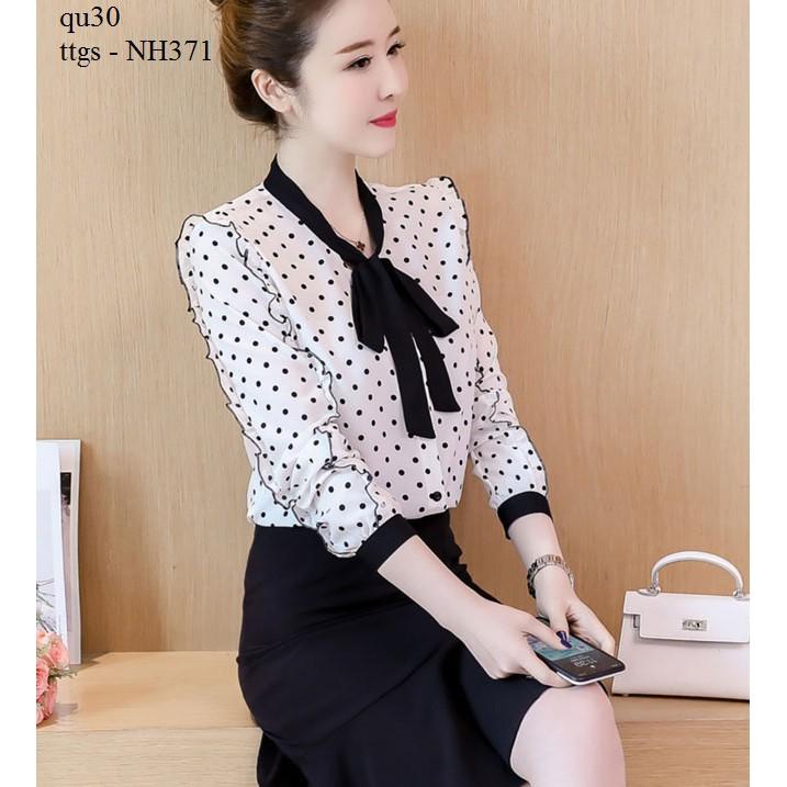 NH371 ÁO KIỂU CHẤM BI THẮT NƠ