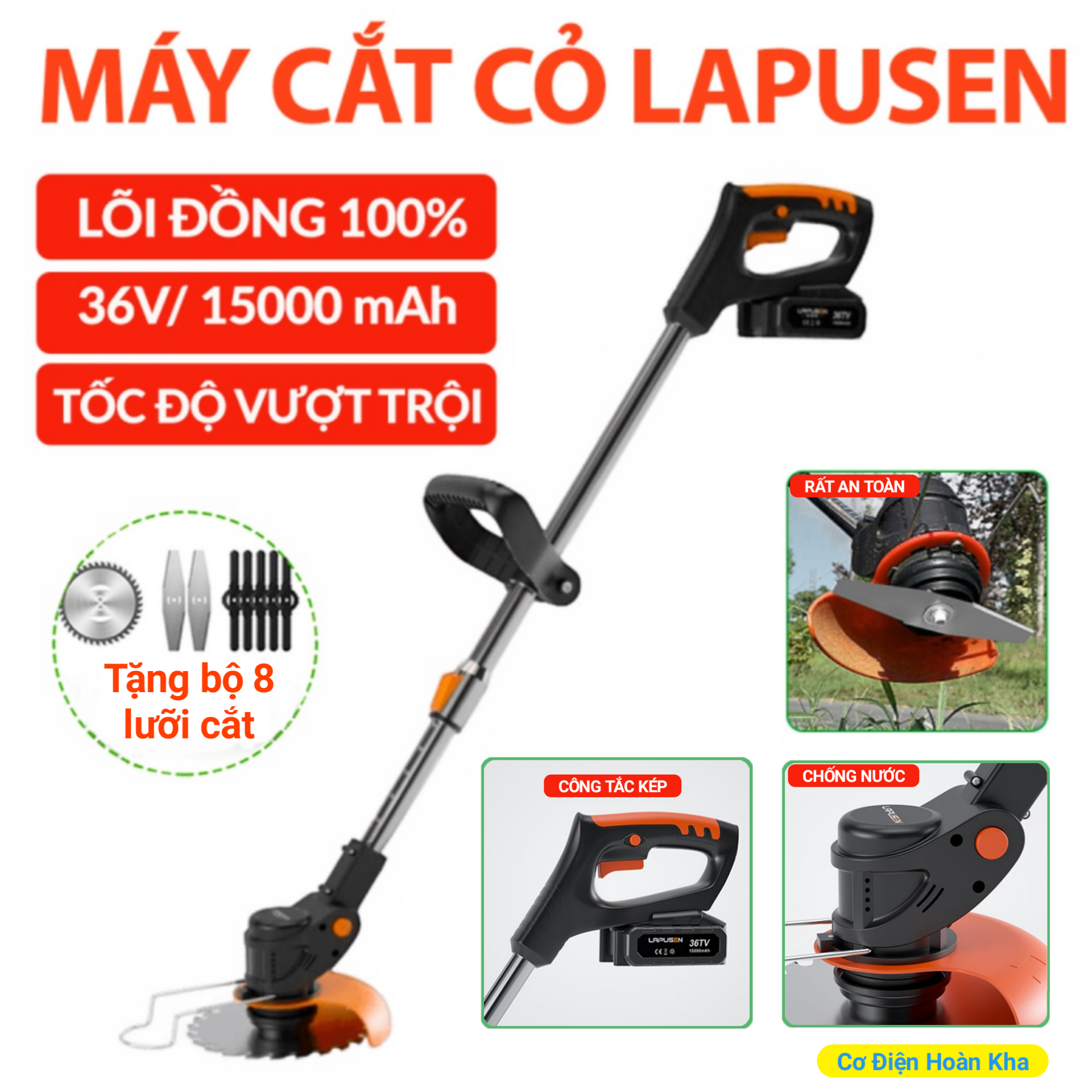 Máy cắt cỏ, tỉa cành cầm tay LAPUSEN pin khủng 15000mah, động cơ mạnh 1800w