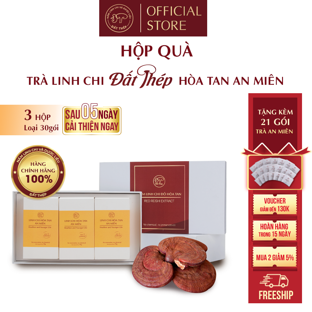 Trà Nấm Linh Chi Đất Thép Hòa Tan An Miên 3 hộp x 30 gói - Cải thiện giấc ngủ - Tăng sức đề kháng
