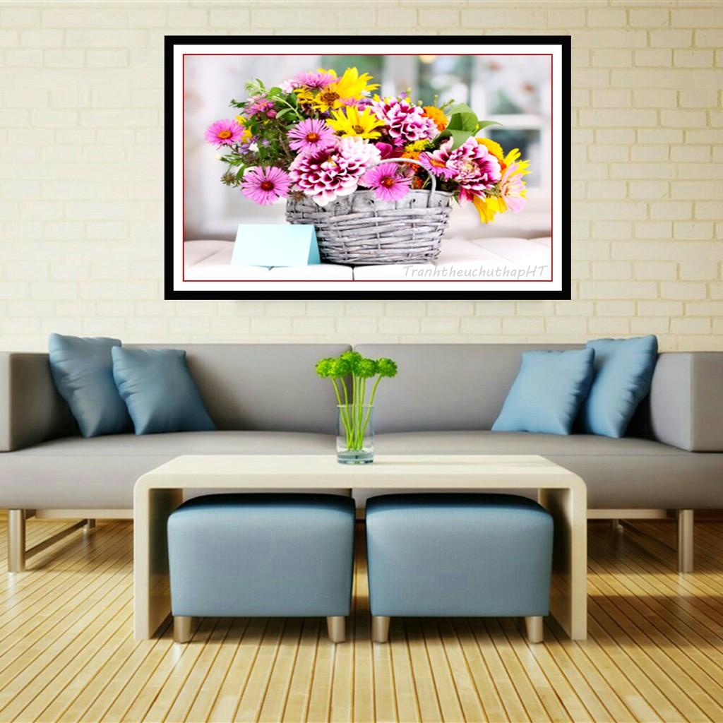 Tranh đính đá - Tranh thêu chữ thập giỏ hoa tuyệt đẹp 67*50cm - tự thêu