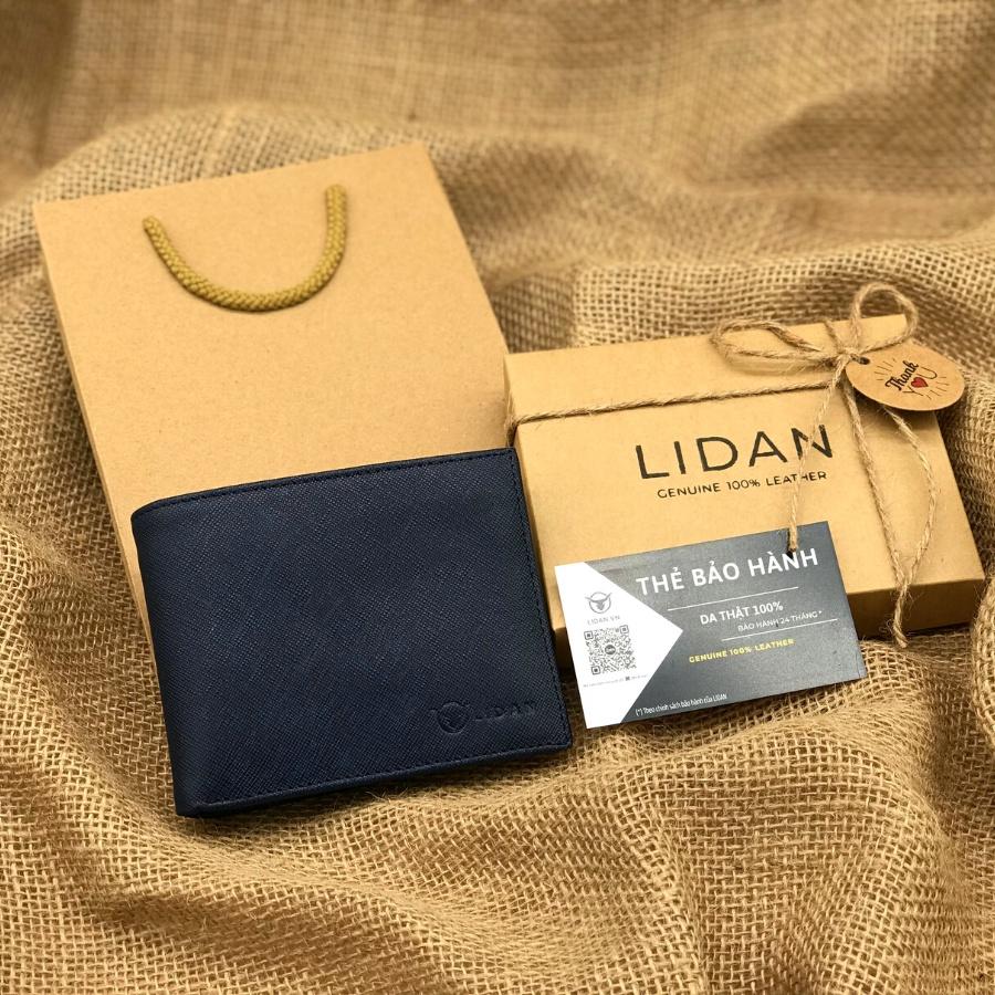 Ví nam da bò thật Saffiano cao cấp LIDAN, bóp dáng ngang có hộp vintage kèm thiệp đẹp làm quà tặng LD6