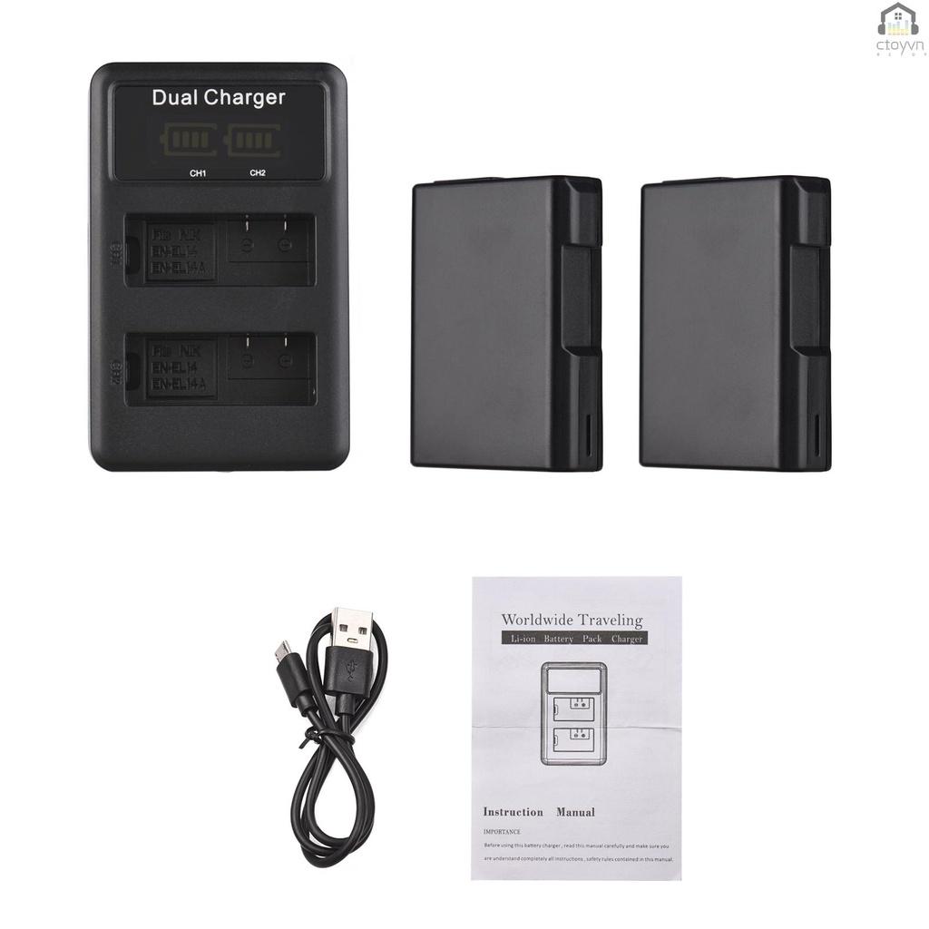 Bộ 2 pin EN-EL14 7.4V 1500mAh + 1 pin đèn LED 2-EL14 P5600 D7500 D3200 D3300 P5400 D5800 D7500 D5600 D7500