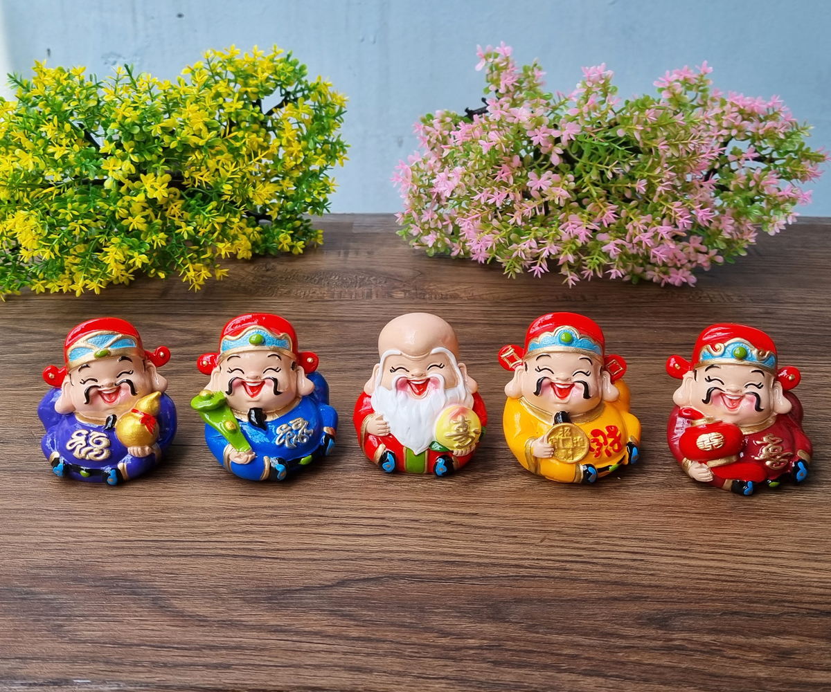 Bộ Ngũ Phúc Lâm Môn 7cm tròn đầy kèm đế Tài Lộc Phát - tặng kèm túi 50 xu vàng mini may mắn