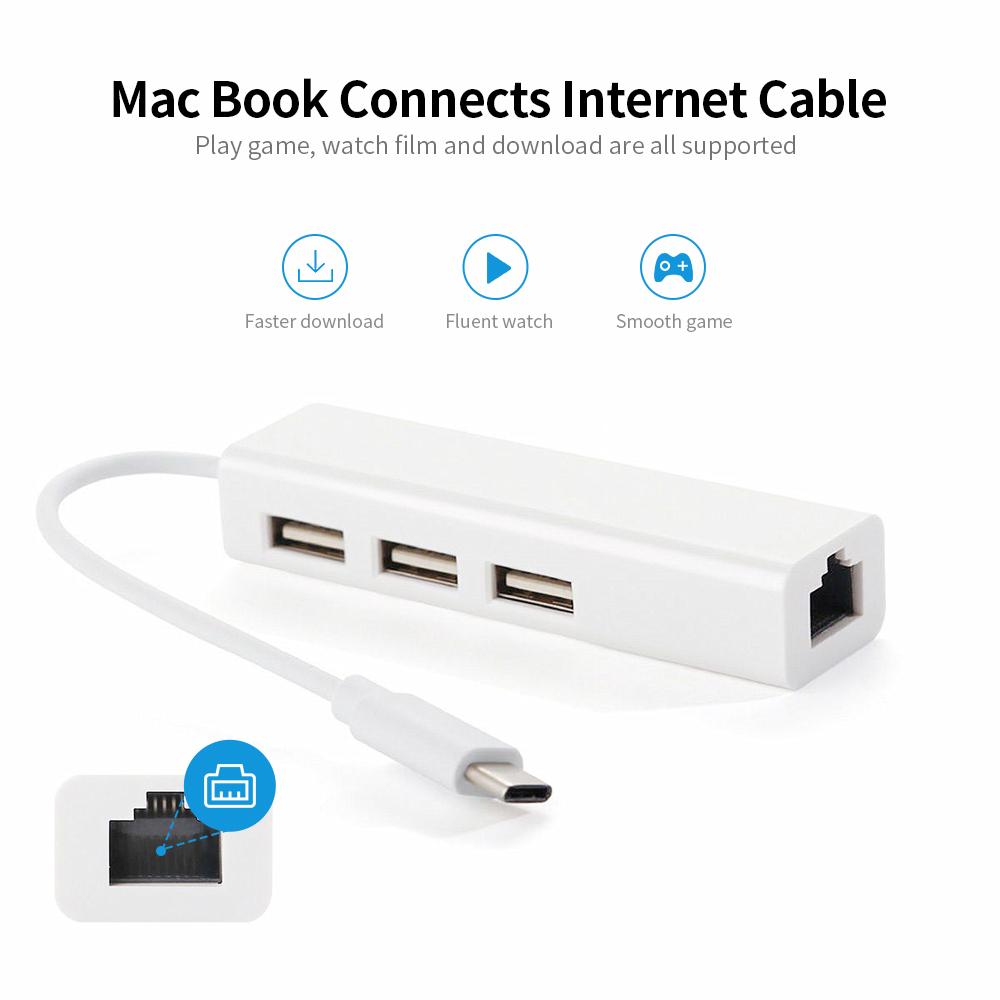 Bộ chuyển đổi USB 2.0 Type-C 3 cổng HUB Fast Ethernet RJ45  mở rộng thẻ mạng 100Mbps cho Macbook