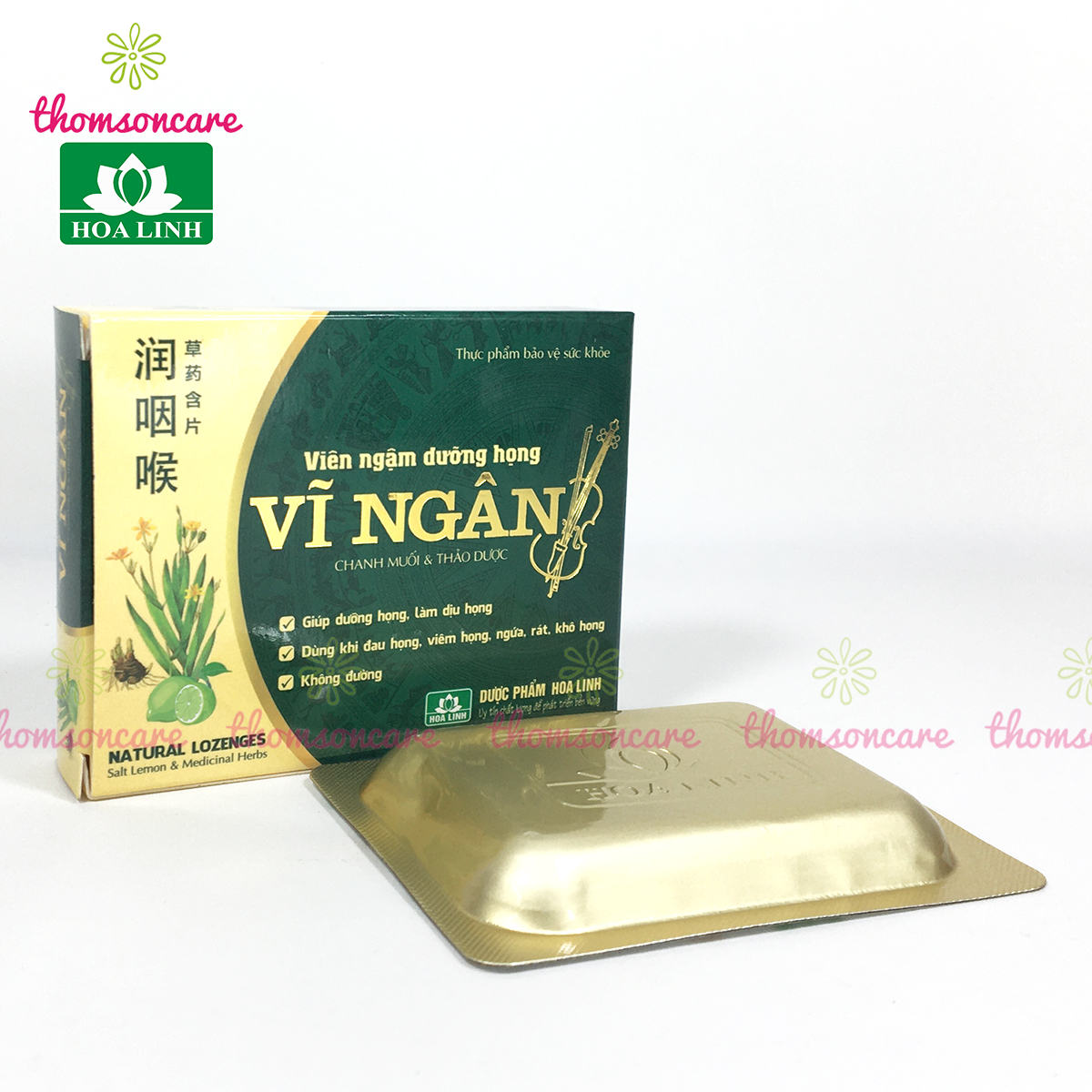 Vĩ ngân - Viên ngậm giảm ho, sát khuẩn họng, không đường từ húng chanh, bạc hà, cam thảo - Hộp 10 viên