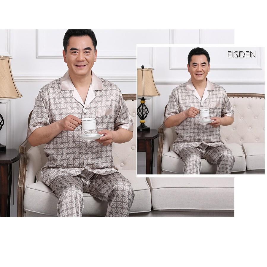 Bộ pyzama lụa ngắn tay mặc nhà nam trung niên_hàng sẵn