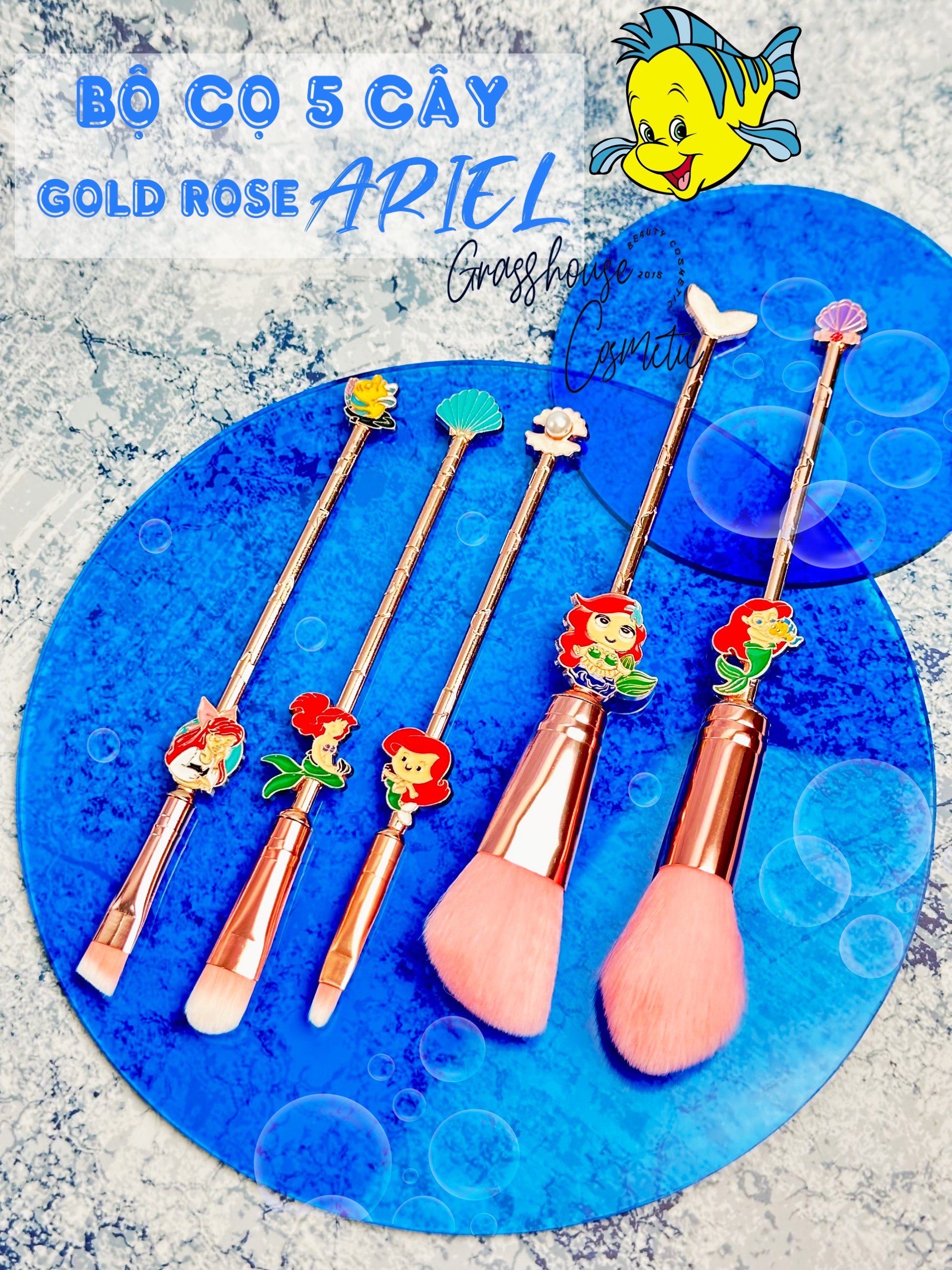 BỘ CỌ TRANG ĐIỂM MAKE UP 5 CÂY NÀNG TIÊN CÁ MERMAID ARIEL GOLD ROSE HÀNG THỦ CÔNG SƠN TỈNH ĐIỆN CAO CẤP
