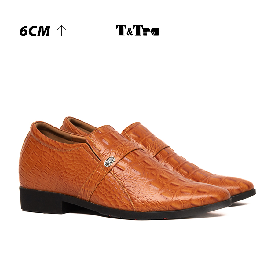 Giày Độn Nam T&TRA Tăng Cao 6Cm- T05 Cá Sấu Nâu Sáng - Chất Liệu Da Bò Cao Cấp, Đế Cao Su Đúc, Phần Tăng Cao Ẩn Bên Trong
