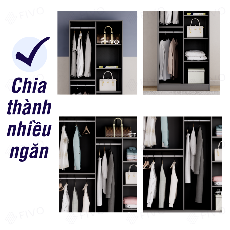 Tủ Áo Quần Cửa Trượt Màu Xám Sang Trọng FIVO FC31, Gỗ Chống Ẩm Cao Cấp Dày Dặn, Sức Chứa Bên Trong Lớn
